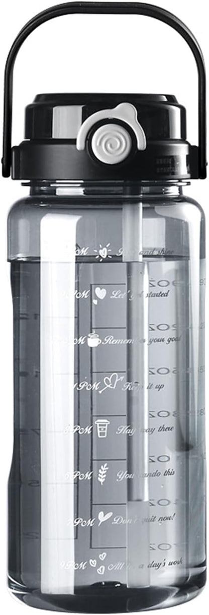 Plastic Water Bottle with Straw, 64 oz/2 L Large Water Bottle with Time Marker to Drink Leakproof Reusable Motivational Water Jug for Sports Gym Fitness Outdoor (Black)