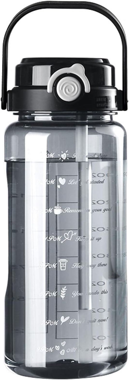 Plastic Water Bottle with Straw, 64 oz/2 L Large Water Bottle with Time Marker to Drink Leakproof Reusable Motivational Water Jug for Sports Gym Fitness Outdoor (Black)