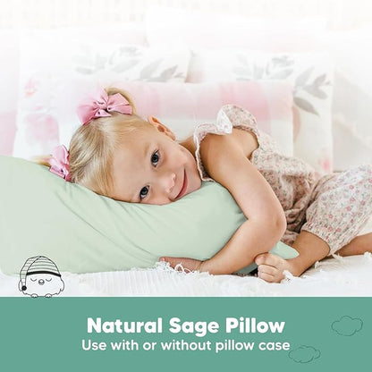 2-Pack Toddler Pillow - Soft Organic Cotton Toddler Pillows for Sleeping - 13X18 Small Pillow for Kids - Kids Pillows for Sleeping - Kids Pillow for Travel, School, Nap, Age 2 to 5 (Sage)