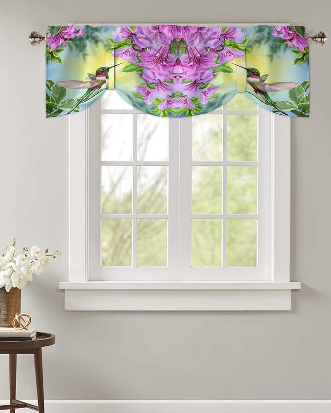 Pink Flowers Blackout Tie Up Valance Curtains for Kitchen Windows Hummingbird Window Toppers Balloon Shades for Living Room/Bathroom/Bedroom,1 Panel,54" X 18"