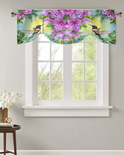Pink Flowers Blackout Tie Up Valance Curtains for Kitchen Windows Hummingbird Window Toppers Balloon Shades for Living Room/Bathroom/Bedroom,1 Panel,54" X 18"
