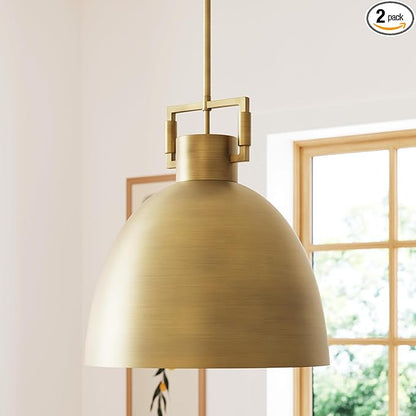 Nathan James Leigh Pendant Lighting, Hanging Ceiling Light with Oversized Metal Shade and Adjustable Cord, for Kitchen Island or Entryway, Antiqued Brass, Set of 2