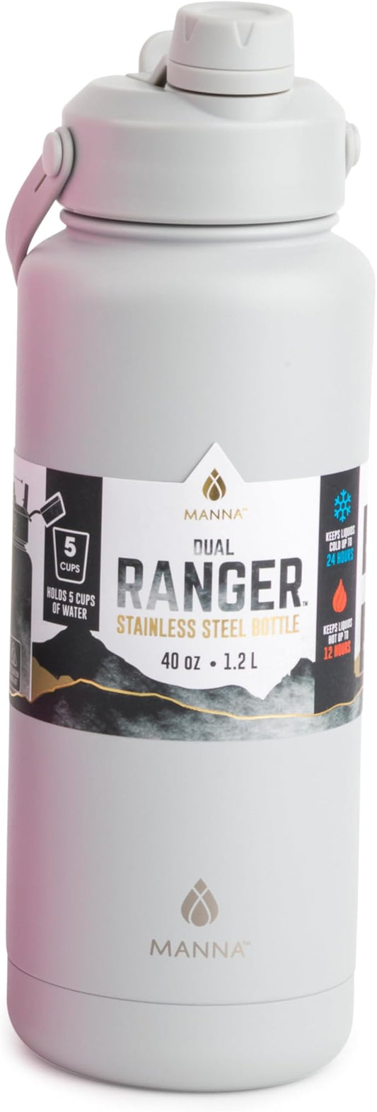 Manna Ranger Dual Insulated Stainless Steel Bottle - 40 Oz - Grey Powder Coat