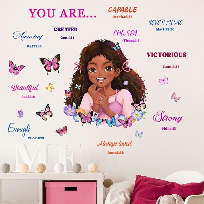 Lovely Little Girl Butterfly Wall Decals Inspirational Quotes Wall Decals Positive Words Motivational Lettering African American Wall Stickers for Baby Toddler Room Decorations Nursery Playroom