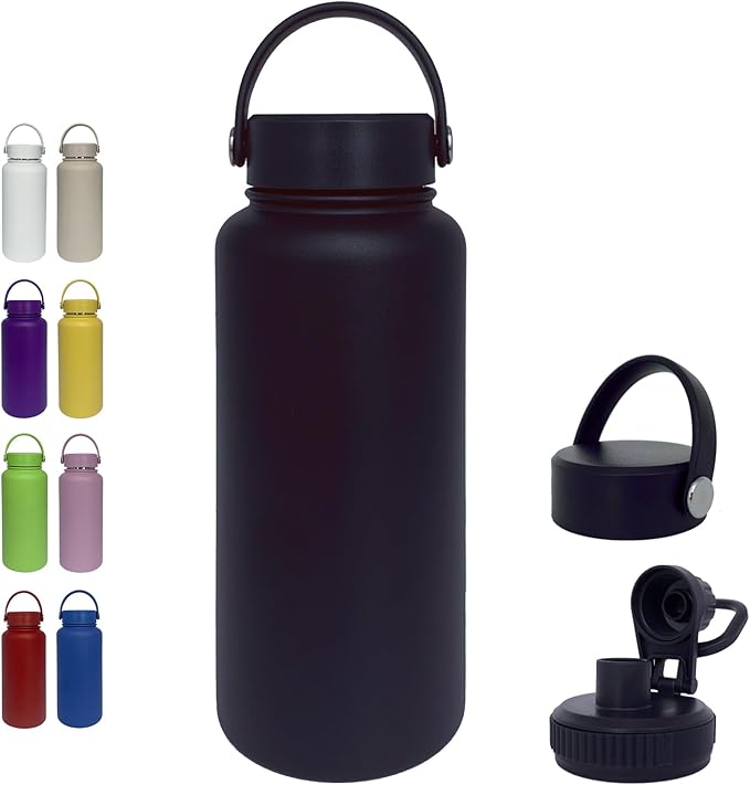 32oz Insulated Water Bottle ，Stainless Steel Sports Water Cup Flask with 2 Lids, Wide Mouth Travel Thermal Mug,Outdoor Sports Bottle（Blue Black）