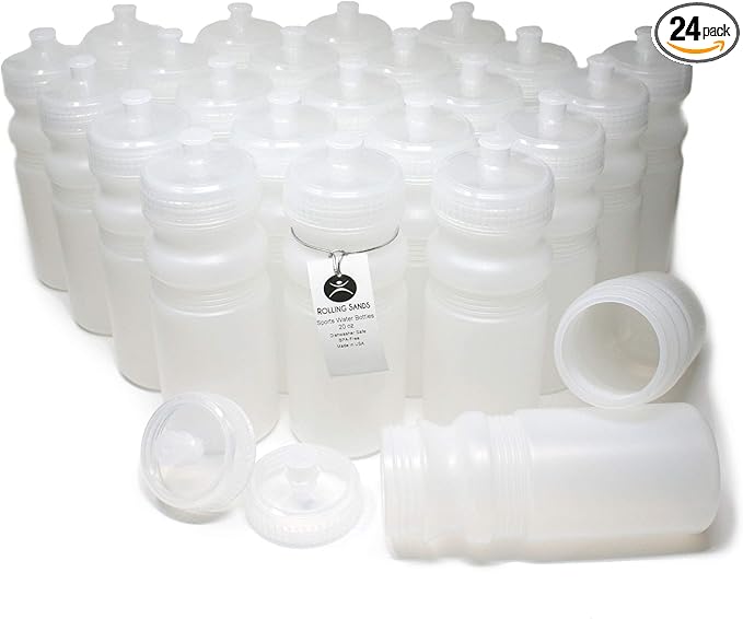 Rolling Sands 20 Ounce Sports Water Bottles 24 Pack, BPA-Free, Made in USA, Dishwasher Safe, Clear Frost Bottles/Clear Lids