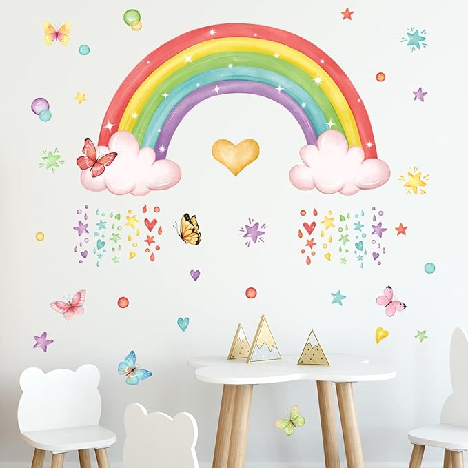 Rainbow Wall Decals Colourful Butterflies Cloud Wall Stickers Girls Bedroom Baby Nursery Playroom Wall Decor Gifts for Girls
