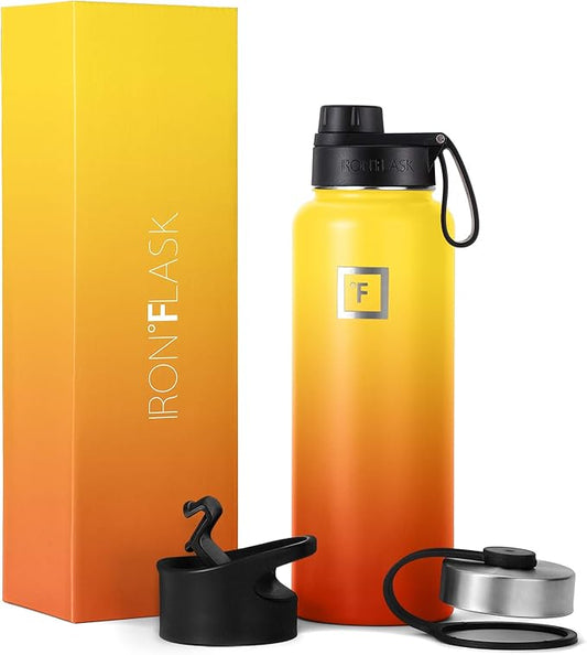 IRON °FLASK Camping & Hiking Hydration Flask, Wide Mouth, 3 Spout Lids, Stainless Steel Outdoor Water Bottle, Double Walled, Insulated Thermos, Metal Canteen - Fire, 40 Oz
