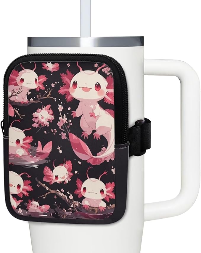 Axolotl Cherry Blossom Stanley Cup Pouch with Adjustable Strap Water Bottle Storage Bag 20oz-40oz IceFlow Tumbler Pouch for Stanley Accessories