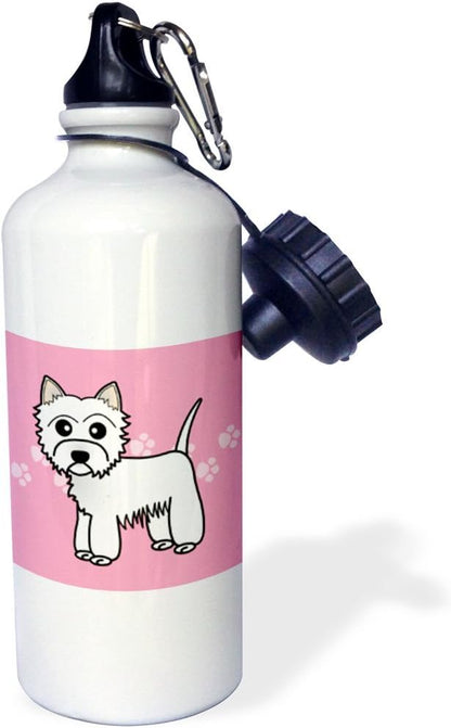 3dRose Cute Cartoon West Highland Terrier-Westie Dog on Pink Paw Prints Sports Water Bottle, 21 oz, White