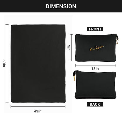 3 in 1 Travel Pillow and Blanket Set, Premium Soft 300 GSM Thick Airplane Blanket Compact with Bag for Long Trips Essentials, Hand Luggage Sleeve and Backpack Clip (Black)