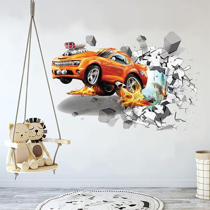 3D Fire Car Wall Sticker Decal Crack Hole fire Car Wall Art Decal Removable Broken Smashed Car Decoration Mural for Boys Bedroom Baby Kids Nursery Room (3D Fire Car)