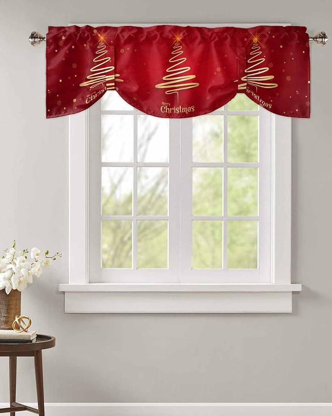 Christmas Tree Blackout Tie Up Valance Curtains for Kitchen Windows Merry Xmas Red Window Toppers Balloon Shades for Living Room/Bathroom/Bedroom,1 Panel,42" X 18" Winter Holiday Decor