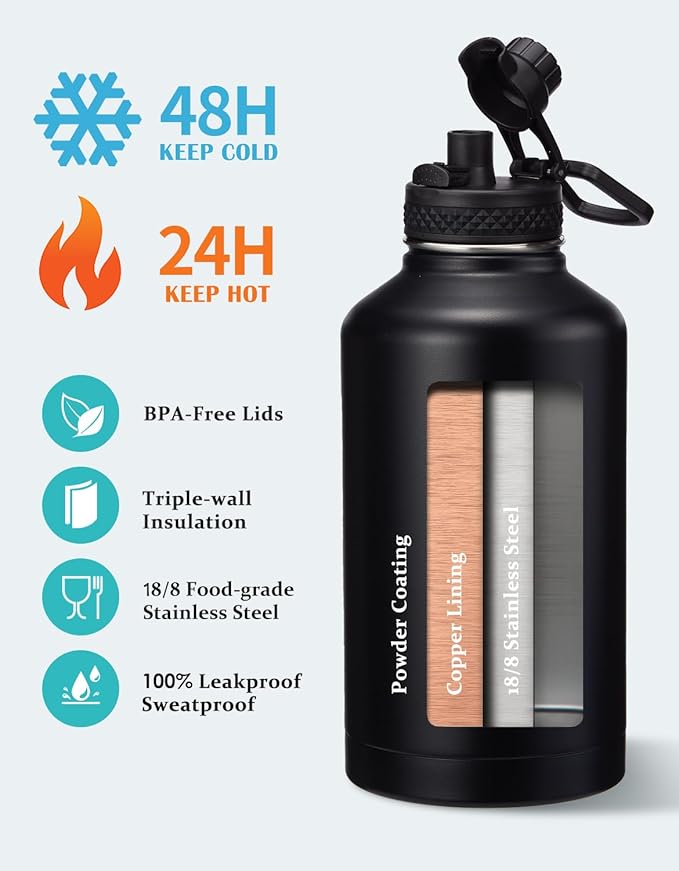 64 oz Insulated Water Bottle with Straw & Auto Spout Lids, Paracord Handle, Half Gallon Waterbottle Strap Carrier & Protective Boot, Wide Mouth Metal Canteen Thermo Mug, Leak-proof Sports Hydro Jug