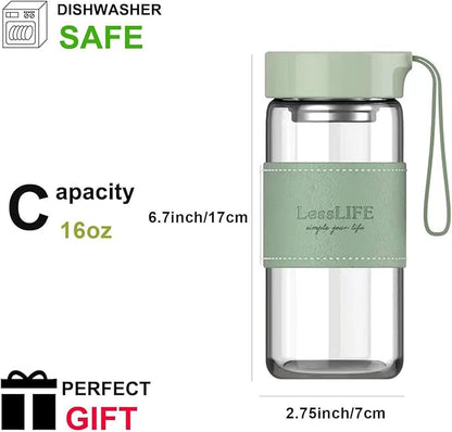 Snminetal 16 oz Borosilicate glass water bottle-with sealing cap and Holsters and filters Reusable Portable Glass drinking Bottle Apply to Make tea, coffee, office Go To School (Blue+Green)