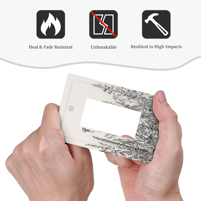 Vintage Grey Floral Herbs Wild Flowers Botanical 1 Gang Rocker Boho Light Switch Covers Decorative Country Unique Single Decora Outlet Wall Plate Faceplate Switchplate GFCI for Bedroom