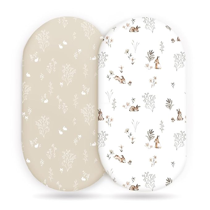 GRSSDER Stretch Ultra Soft Fitted Bassinet Sheet Set 2 Pack, Universal Fit for Bassinets Baby Cradle Moses Basket Oval Rectangle Mattress Safe and Snug, Stylish Watercolor Rabbit Pattern