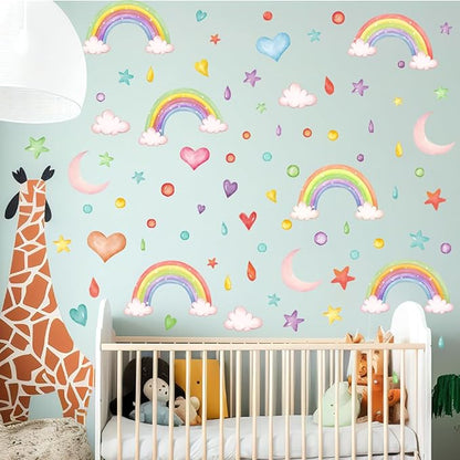 Watercolor Rainbow Wall Decor Stickers Small Rainbow Wall Decal Rainbow Heart Moon Wall Stickers for Girls Boys Baby Bedroom Nursery Wall Decor