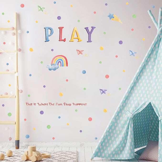 LHIUEM Polka Dot Wall Decals Rainbow Wall Sticker 82 PCS Cute Toddler Girl Decoration Cloud Star Watercolor Wallpaper Boho Kids Wall Posters Play Quotes Decal for Kids Boys Gifts in Nursery Playroom