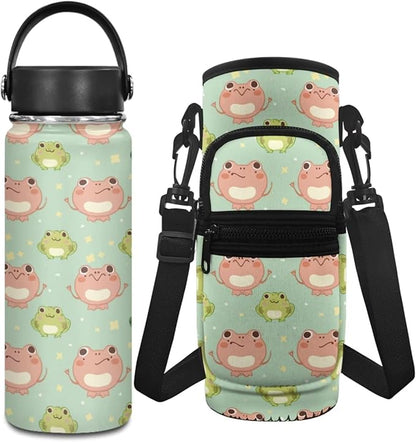 Frog 18 OZ Water Bottles for Kids Stainless Steel Water Bottle for Girls 6-8 Insulated Water Bottle Carrier Sling Bag 2Pcs Vacuum Bottle