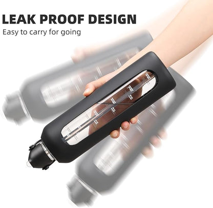 32 oz Glass Water Bottles with Straw Borosilicate Glass Water Bottle with Time Marker Motivational Water Bottles with Silicone Sleeve Leak Proof Reusable BPA Free