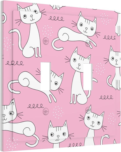 Cartoon Cute Cat Double Toggle Light Switch Covers 2 Gang Wall Plate Dual Decorative Switchplate Electrical Faceplate for Bathroom Country Kitchen Bedroom Decor, 4.9" x 5"