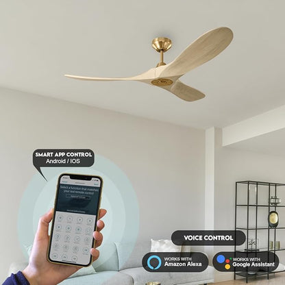 3MAVSM60BBSWWO Smart Maverick Ceiling Fan with Remote Control, Indoor or Outdoor, Compatible with Alexa & Google Voice (Burnished Brass with Washed White Oak Blades, 60-inch)