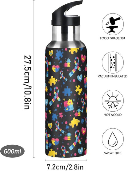 Autism Stainless Steel Water Bottle with Straw Lid - 20 Oz Sports Insulated Water Bottle Thermos for Sport Gym Outdoor Travel School (07-B14)