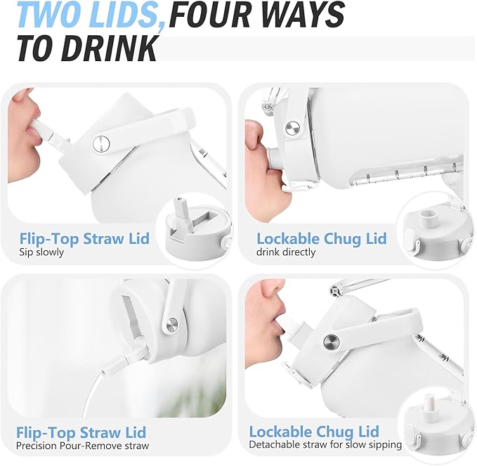 64 oz Glass Water Bottle with Straw and 2 Lids, Half Gallon Water Bottle with Sleeve, Large Insulated 2 Liter Glass Water Jug Time Marker with Handle - White