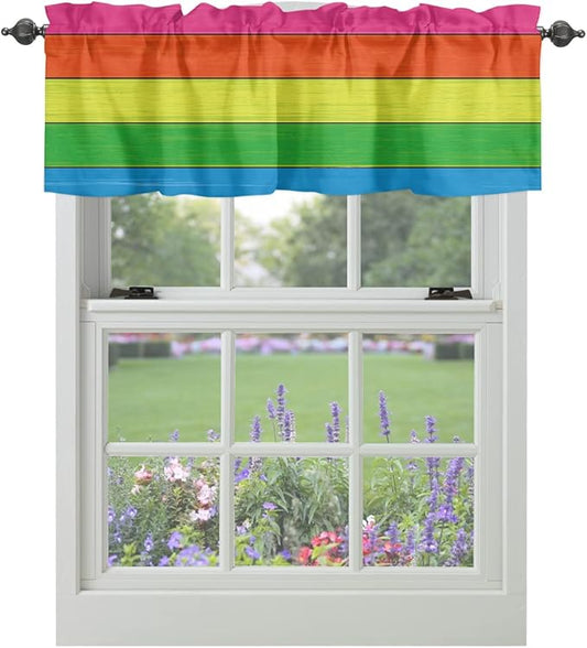 Vandarllin Farmhouse Kitchen Curtains Valances for Windows,Rainbow Retro Rustic Barn Wood Texture Rod Pocket Country Window Treatment for Kitchen/Living Room/Bedroom/Bathroom,42" X 18" -1 Panel