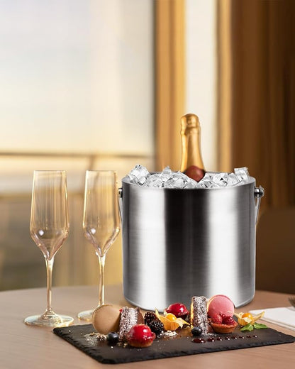 3L Double Wall Ice Bucket with Silicone Lid, Tongs & Strainer, Insulated Ice Buckets for Parties & Cocktail Bar,[Silicone Lid for Longer Ice] Large Wine Bar Bucket Stainless Champagne Chiller