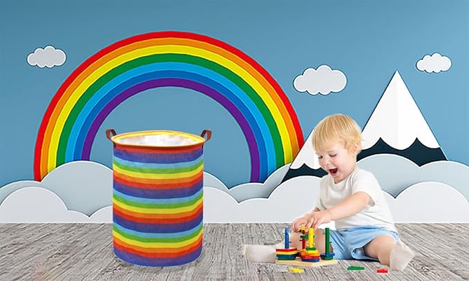 Rainbow Laundry Hamper,Kids Laundry Basket Collapsible Baby Storage Baskets for Kids Room Decor,Colourful Hamper,Toy Organizer,(Rainbow stripe) …