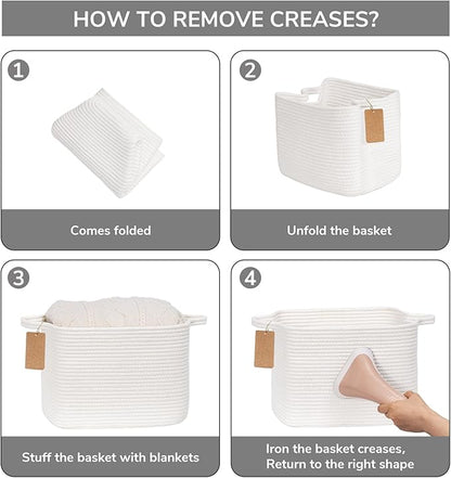 Goodpick Rope Basket, Storage Baskets for Organizing, Rectangle Baby Nursery basket with Handles, Small Woven Basket for Shelves, Living Room, 13 x 10 x 9 Inches, White