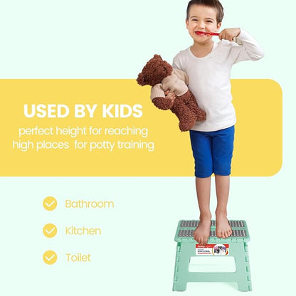 ACSTEP 9 Inch Folding Step Stool 300 LB Capacity Non Slip Foot Stool with Handle Plastic Foldable Step Stools for Kids Stepping Stool for Bathroom Black Small Step Stool (1 PC Teal)