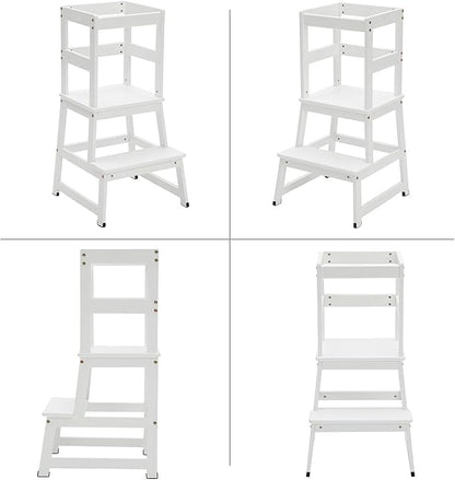 Kitchen Step Stool for Toddlers and Kids with Safety Rails for Kitchen Counter Solid Wood (White)