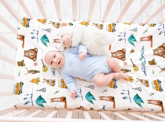 4 Pack N Play Sheets Woodland Forest Animals Wood Neutral Unisex Fitted Baby N Play Sheets Fitted for Standard Pack and Plays and Mini Cribs Set for Baby Boys or Girls