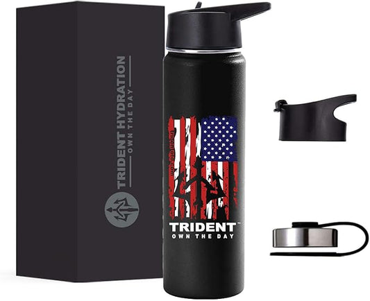 American Flag Water Bottle, 21 oz Insulated Water Bottle, Reusable Water Bottle with Straw, Leak Proof Water Bottles, Thermos Water Bottle - Retired Navy Combat Vet Small Business (Black, 21 Oz)