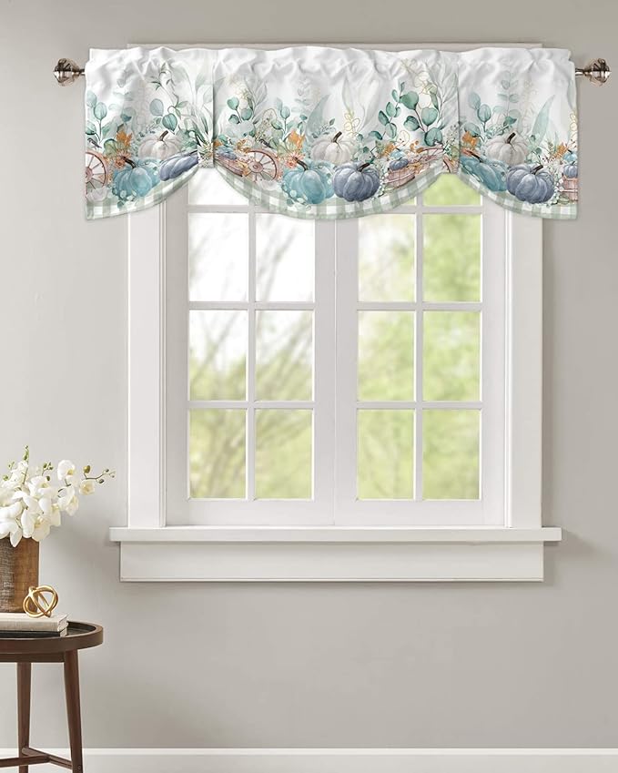 Fall Thanksgiving Blackout Tie Up Valance Curtains for Kitchen Windows Navy Blue Pumpkins Green Eucalyptus Leaves Window Toppers Balloon Shades for Living Room/Bathroom/Bedroom,42" X 18",Sage Plaid