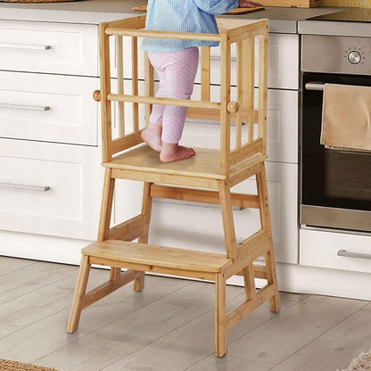 COSYLAND Kids Kitchen Step Stool，Toddler Standing Tower with CPC Certification, Removable Anti-Drop Railing Safety Rail Enjoys Unique Patented Design A Anti-tip Structure More Stable, Natural Bamboo