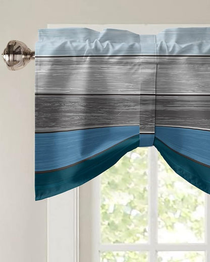 Farmhouse Blackout Tie Up Valance Curtains for Kitchen Windows,Blue Gray Ocean Hues Window Toppers Balloon Shades for Living Room/Bathroom/Bedroom,1 Panel,42" X 12" Retro Rustic Barn Wood Texture