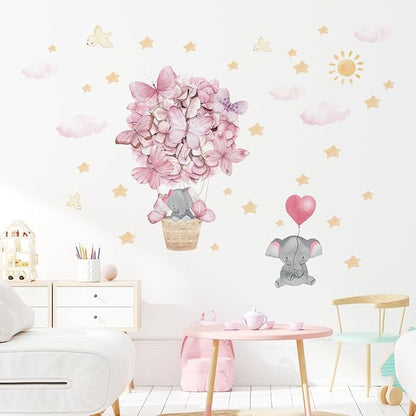 Pink Butterfly Hot Air Balloon Elephant Wall Decor for Baby Girl Room Star Cloud Nursery Wall Decal Stickers