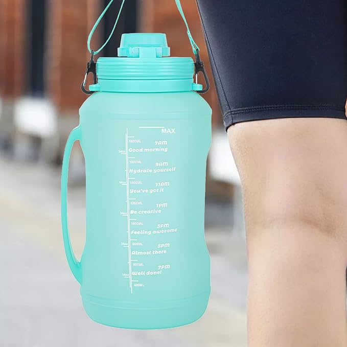 Collapsible 64oz Water Bottle with Handle & Straw - Spill-Proof Foldable Silicone Bottle for Men/Women (Cyan Color, 2L)