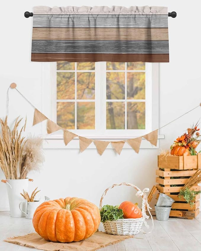 Farmhouse Fall Kitchen Curtains Valances for Windows , Brown Grey Rod Pocket Country Window Treatment for Kitchen /Living Room/Bedroom/ Bathroom,42" X 18" -1 Panel, Retro Rustic Barn Wood Texture