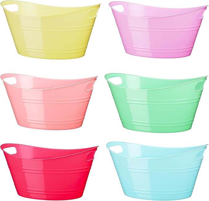6 Pieces Ice Buckets Bulk, Plastic Ice Buckets with Handles, Oval Storage Tub, Large Capacity Ice Drink Bucket for Party Bar Wine Beer Champagne Beverage Bottle Cooler (Fresh Color,4.5 Liter)