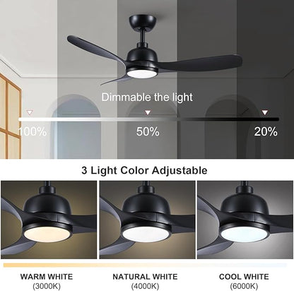 42 Inch Black Ceiling Fan with Light, Remote Control, 3 Color Changing, Dimmable, Reverse Function, Quiet, 6 Speed, Ideal for Living Room, Bedroom, Balcony