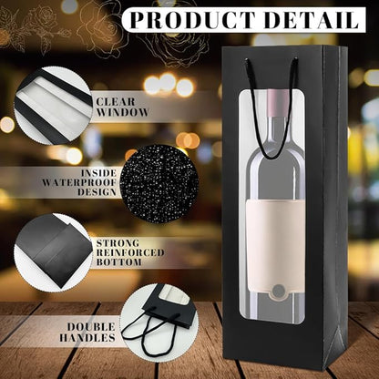 ALMOXVYE 34 Pack Wine Gift Bags with Handles, 14.2 x 4.9 x 3.4 Inch Paper Wine Bottle Bags with Clear Window, Black Wine Bags Bulk for Christmas Wedding Birthday Anniversary