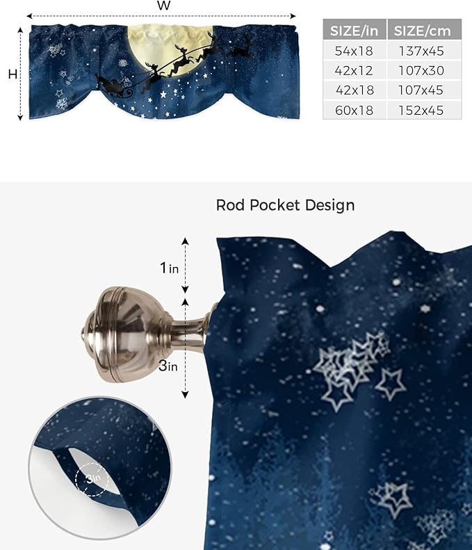 Christmas Blackout Tie Up Valance Curtains for Kitchen Windows Santa Claus Reindeer Window Toppers Balloon Shades for Living Room/Bathroom/Bedroom,1 Panel,42" X 12" Blue Snowy Night
