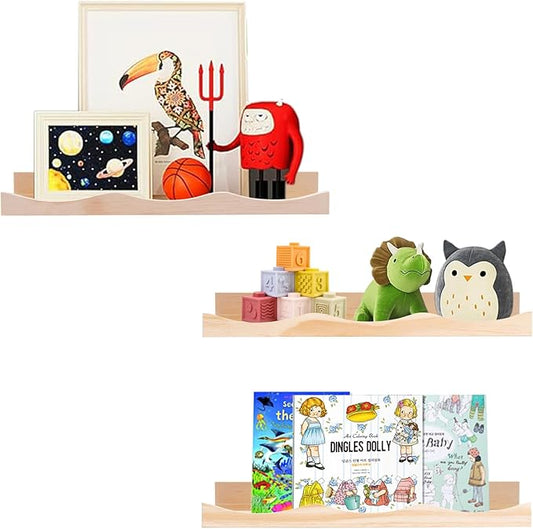 AZSKY Floating Bookshelf for Kids, Picture Ledge Shelf for Wall Decor and Storage 16 Inches Nursery Book Shelves Set 3, Baby Book Shelf for Kids Room Decor(Natural Wood) (Natural, 16Inch)