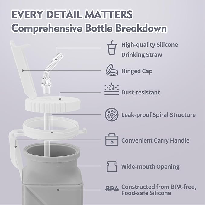 20 oz Water Bottle Collapsible | BPA Free Leakproof Lightweight Foldable Silicon Water Bottles | Twistable Water Cup | for Travel Gym Hiking Outdoor Camping Running Cycling Sports (Gray)