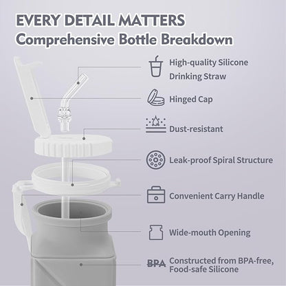 20 oz Water Bottle Collapsible | BPA Free Leakproof Lightweight Foldable Silicon Water Bottles | Twistable Water Cup | for Travel Gym Hiking Outdoor Camping Running Cycling Sports (Gray)